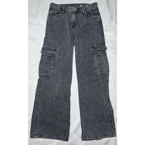 H&M Girls Cargo Jeans Size 12 Black Denim Pockets Wide Leg Low Waist